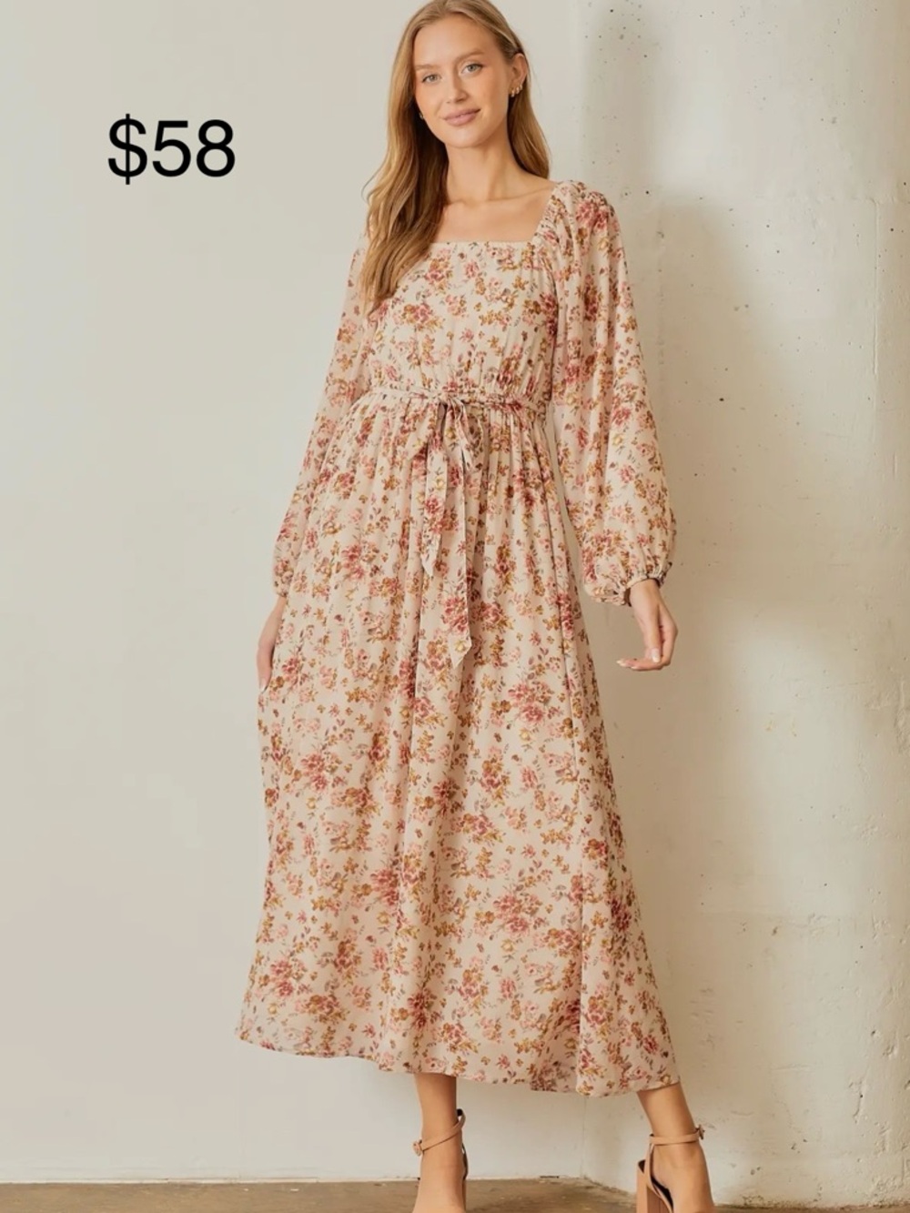 Polagram Cream Maxi Dress with Pink & Brown Floral Print